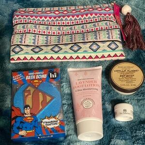 Brightening Serum, Bath Bomb, Lotion & Catherine Malandrino Zip Aztck Pouch NWT